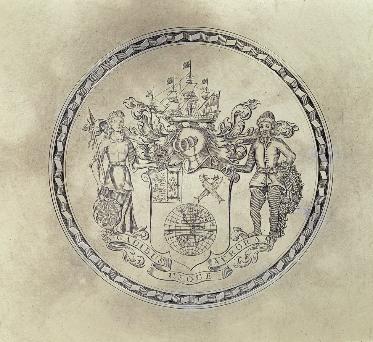 Etelämerikomppanian vaakuna, kaiverrettu tarjottimelle, 1714 (hopeakultainen). tekijältä English School