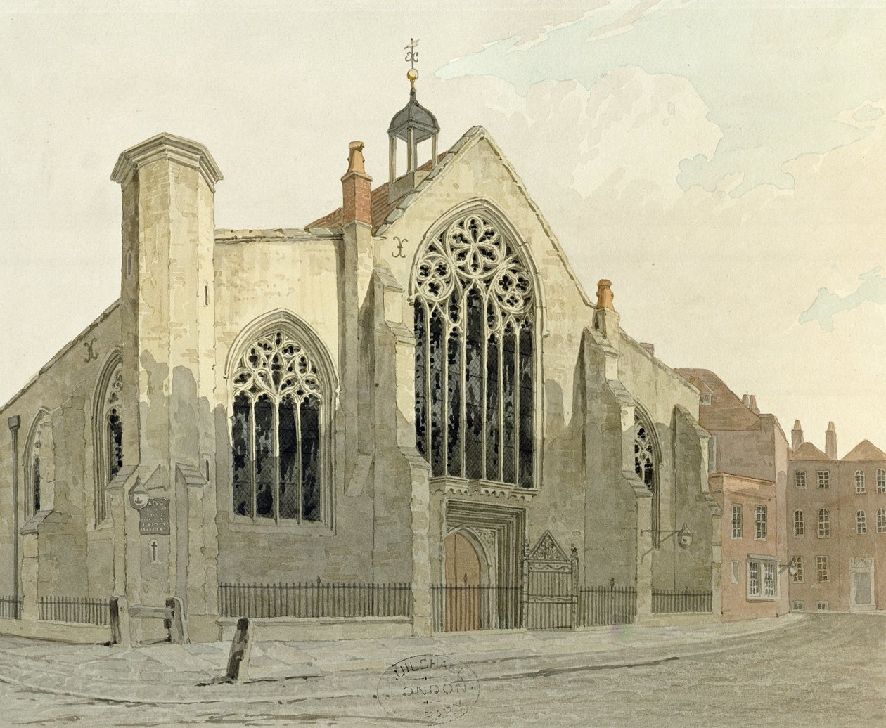 Austin Friars Church, Broad Street, luoteesta, n. 1780 (wc paperilla) tekijältä English School