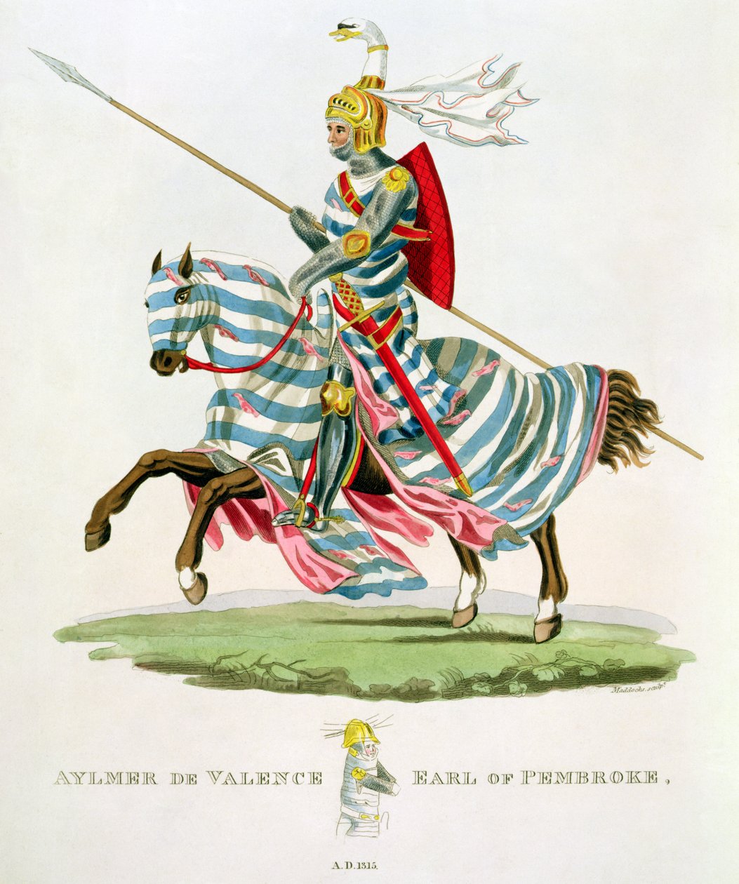 Aylmer de Valence, Earl of Pembroke (1265-1324), 1315, kaiverrus W. Maddocks, Samuel Rush Meyrickin "Ancient Armour" -teoksesta, 1824 tekijältä English School