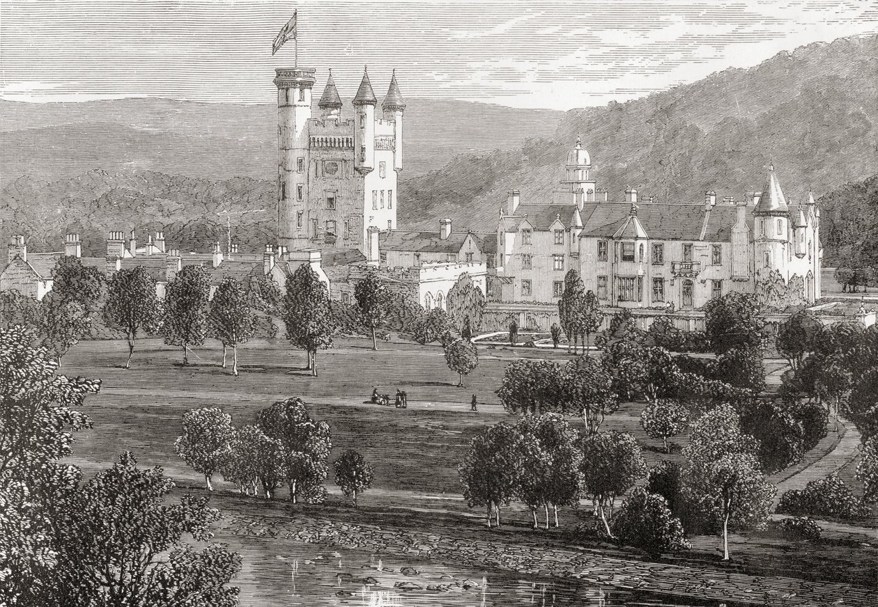 Balmoral Castle, Aberdeenshire, nähtynä Dee-joelta, Samuel G. Greenin vuonna 1886 julkaistusta skotlantilaisista kuvista, jotka piirrettiin kynällä ja lyijykynällä tekijältä English School