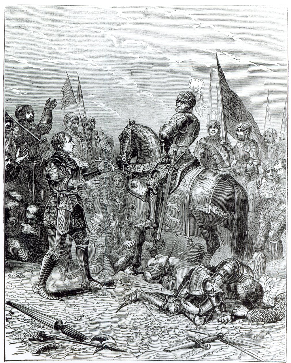 Bosworth Fieldin taistelu: Lordi Stanley tuo Richard III:n (1452-1485) kruunun Richmondiin, 22. elokuuta 1485 tekijältä English School