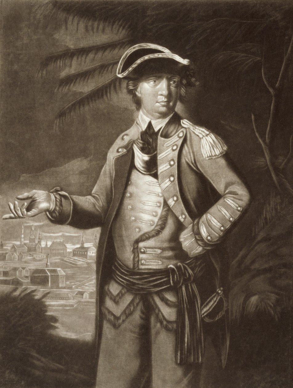 Benedict Arnold, muotokuvan jälkeen vuodelta 1766 Quebecin taustalla tekijältä English School