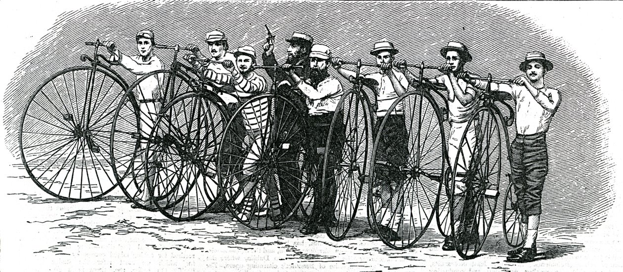 Pyöräkilpailu Bathista Lontooseen - The Start, kuvitus teoksesta "The Graphic", 15. elokuuta 1874 tekijältä English School