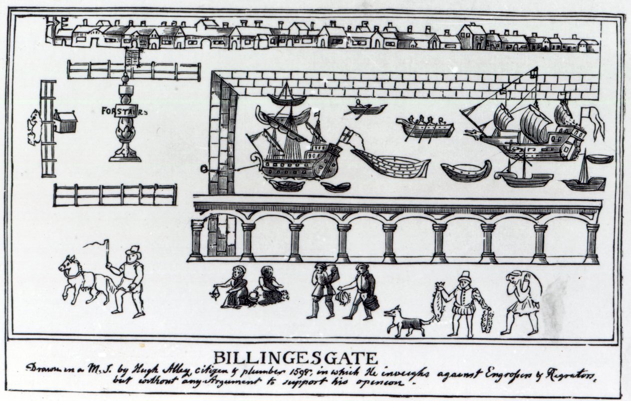 Billingsgate Market, Lontoo, alkuperäisen piirustuksen mukaan n. 1598 tekijältä English School
