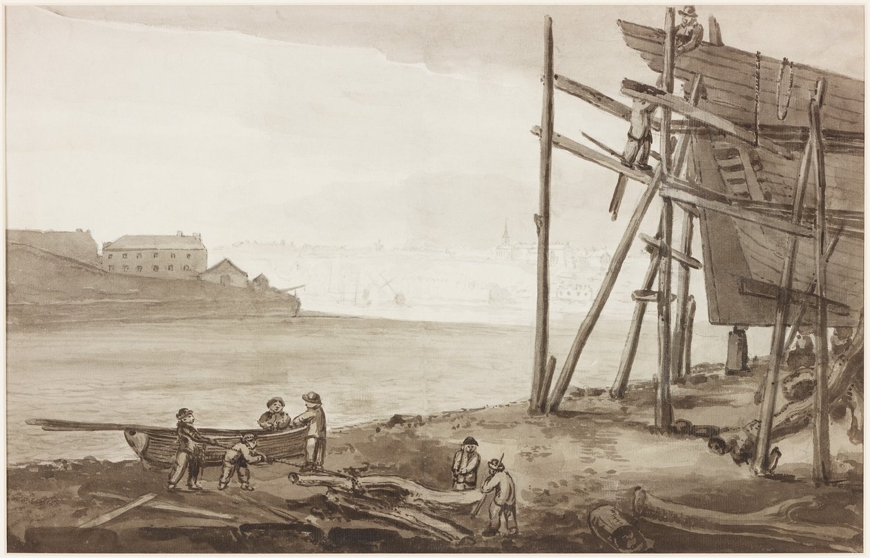 Boat Builders on the Tyne, 1820 (lyijykynä ja pesu (ruskea) paperilla) tekijältä English School