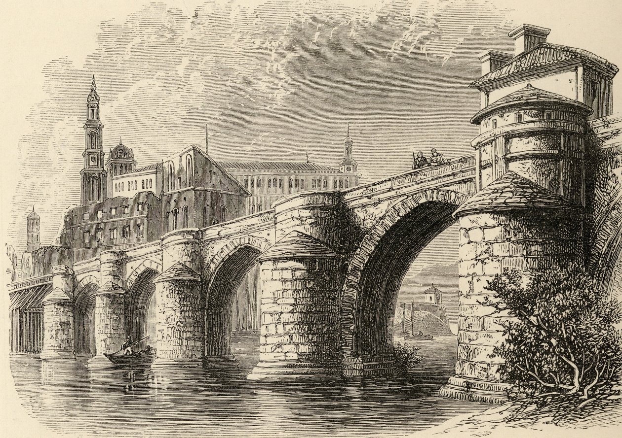 Bridge at Saragossa, Espanja, pastori Samuel Manningin "Spanish Pictures" -julkaisusta, julkaistu 1870 tekijältä English School