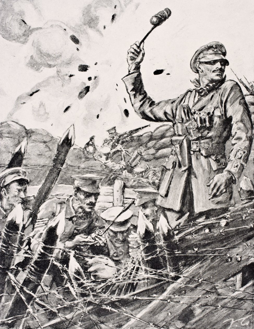 Brittiupseeri heittää kranaatteja haudosta hyökkääviä saksalaisia kohti Lontoossa vuonna 1916 julkaistusta The War Illustrated Album deLuxe -albumista tekijältä English School