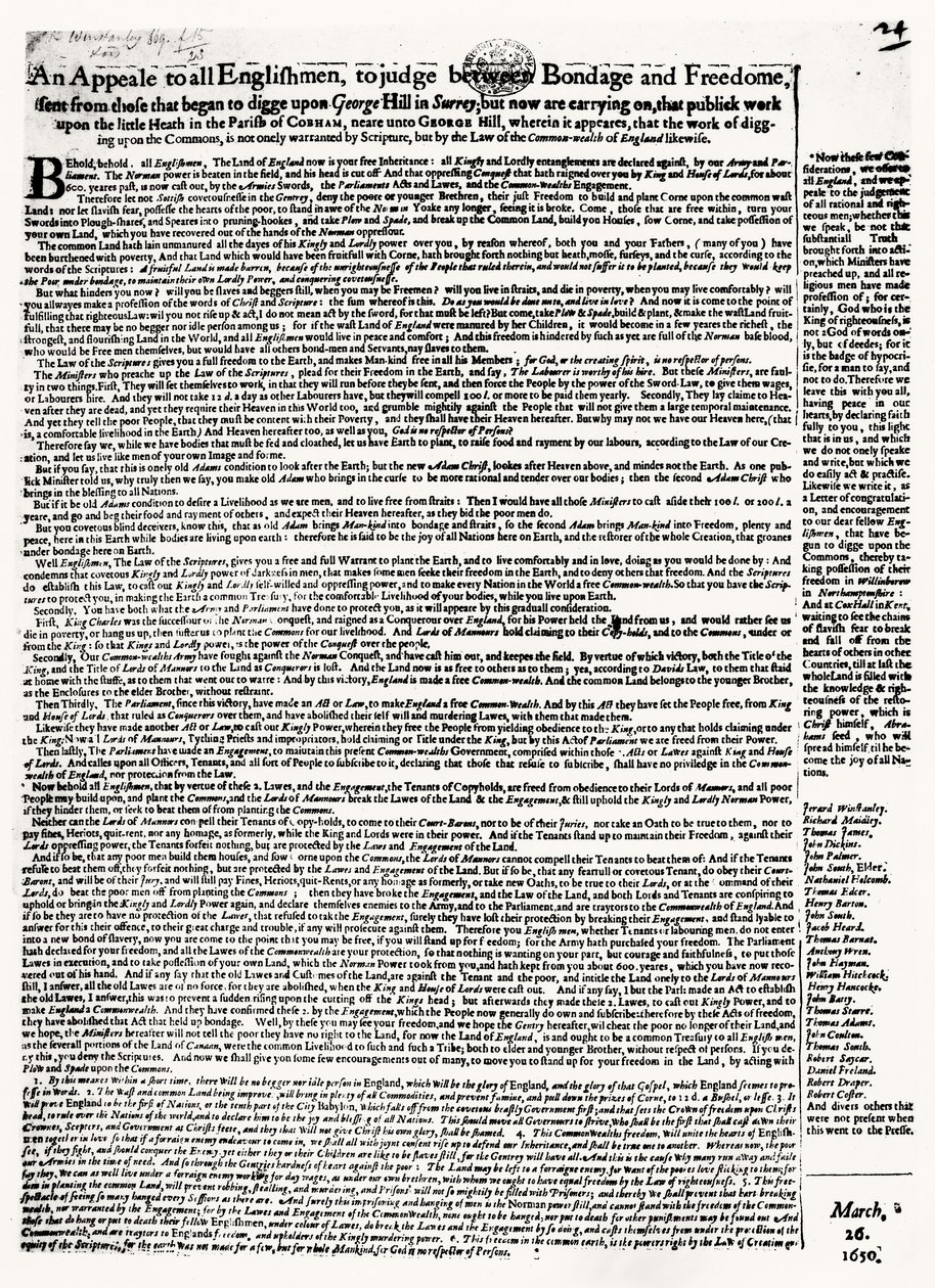 Broadsheet vetoomus Diggersille, julkaistu 1650 tekijältä English School