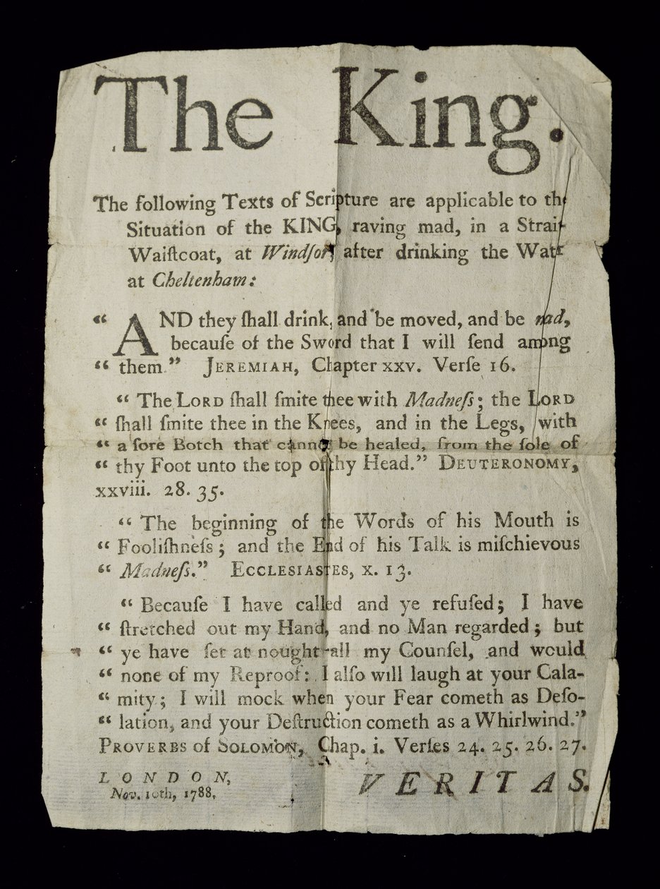 Kuningas Yrjö III:n hulluutta käsittelevä laaja taulukko 1788 (uutispainatus) tekijältä English School