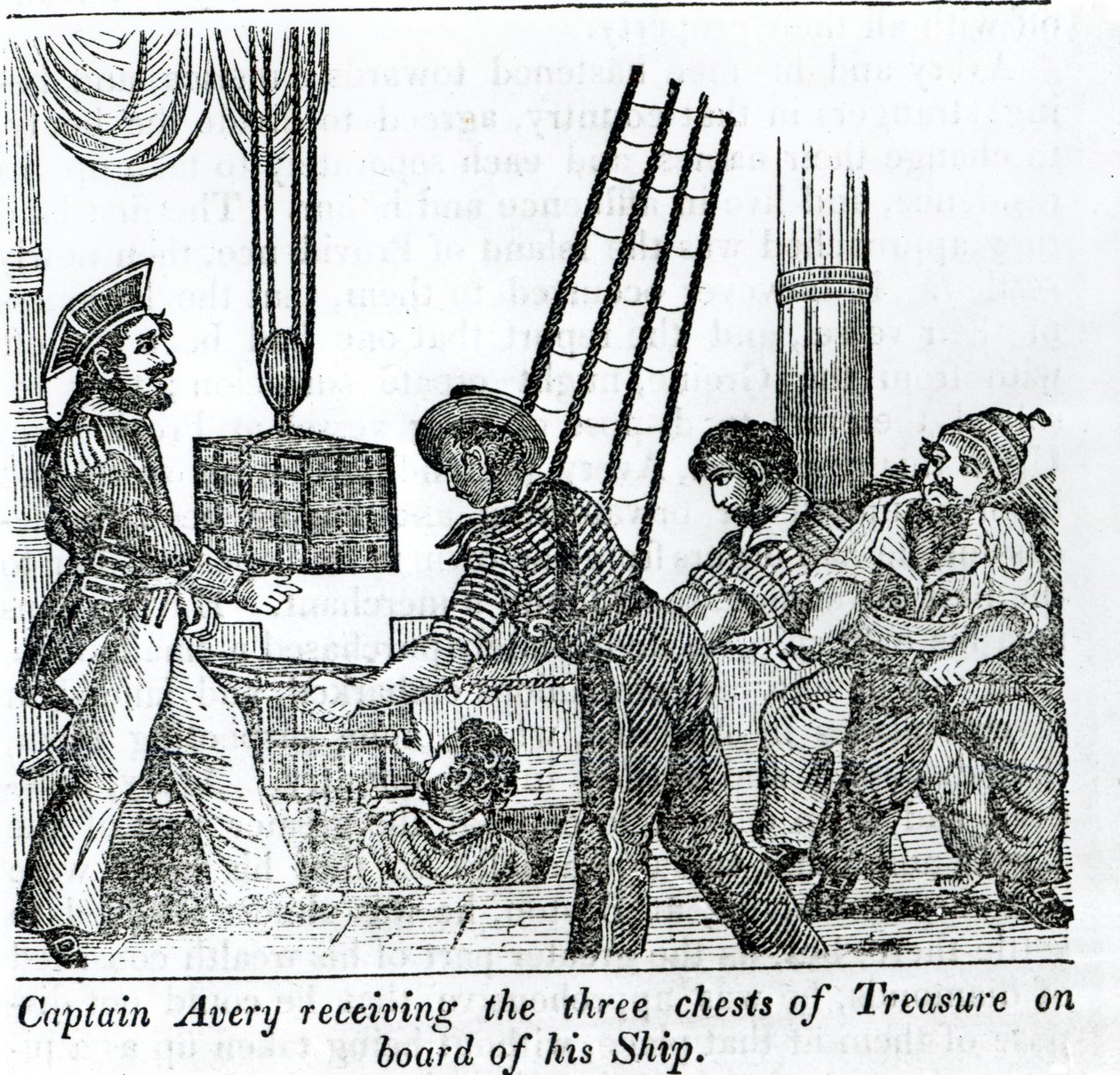 Kapteeni Avery saa kolme aarrearkkua alukselleen, kuvitus teoksesta "Book of Pirates" 1837 tekijältä English School
