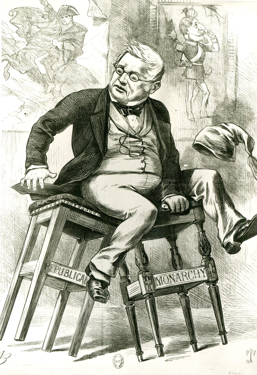 Karikatyyri Adolphe Thiersista (1797-1877) kahden jakkaran välissä, kuvitus teoksesta "Punch", 1872 tekijältä English School