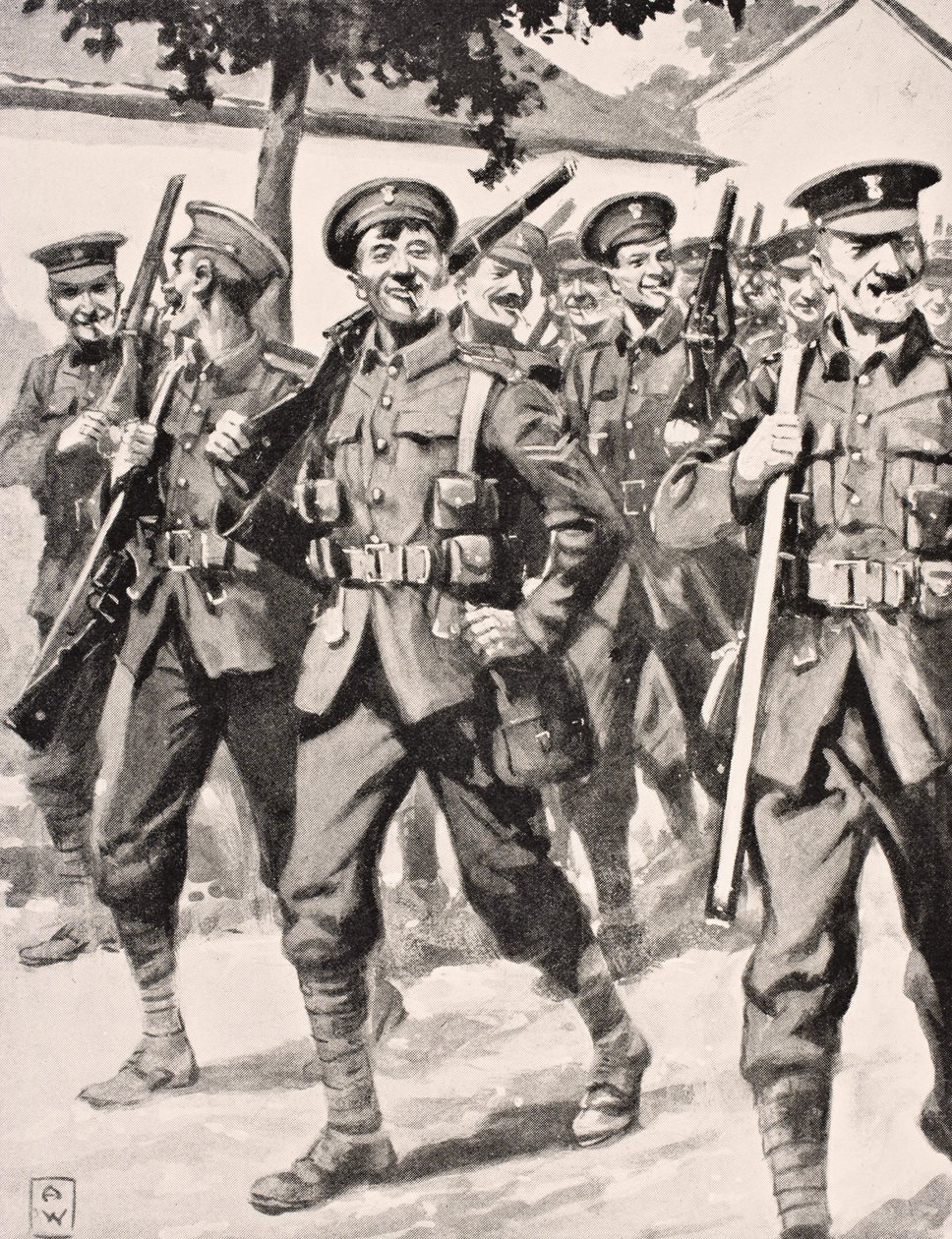 Karikatyyrimainen piirros itsevarmista brittijoukoista matkalla etulinjaan Länsirintama, 1915, Lontoossa 1916 julkaistusta The War Illustrated Album deLuxe -albumista tekijältä English School
