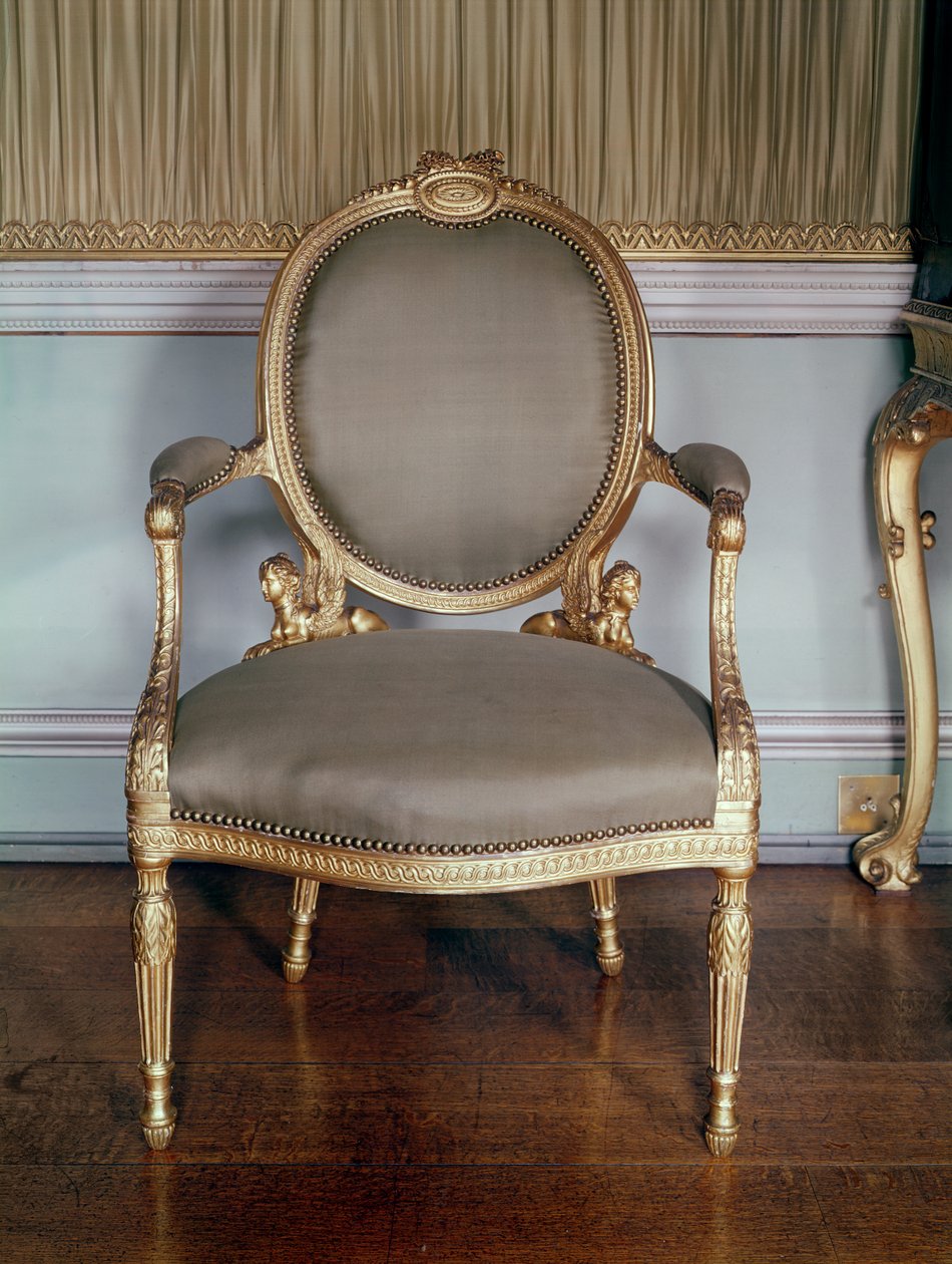 Veistetty nojatuoli giljoche-listalla; Adamsin suunnittelema tuoli Osterleyn makuuhuoneeseen, 1777 (kullattua puuta) tekijältä English School