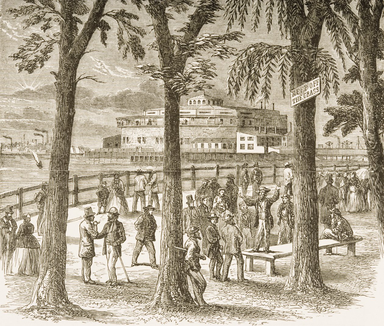 Castle Garden and Battery Park, New York, noin 1870, Religious Tract Societyn julkaisemasta American Picturesista, 1876 tekijältä English School