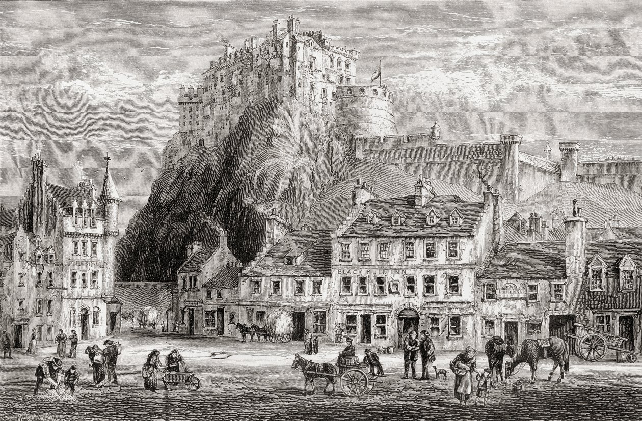 Castle and Grassmarket, Edinburgh, Skotlanti, Samuel G. Greenin vuonna 1886 julkaisemasta teoksesta "Scottish Pictures Drawn with Pen and Pencil" (Skotlantilaisia kuvia kynällä ja lyijykynällä piirrettynä). tekijältä English School