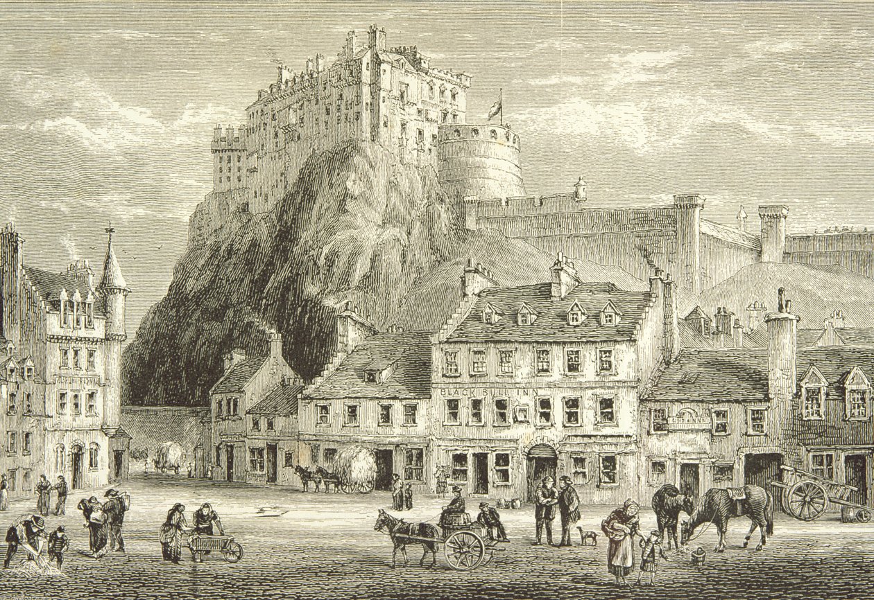 Castle and Grassmarket, Edinburgh n. 1880, Religious Tract Societyn julkaisemasta Scottish Picturesistä, 1886 tekijältä English School