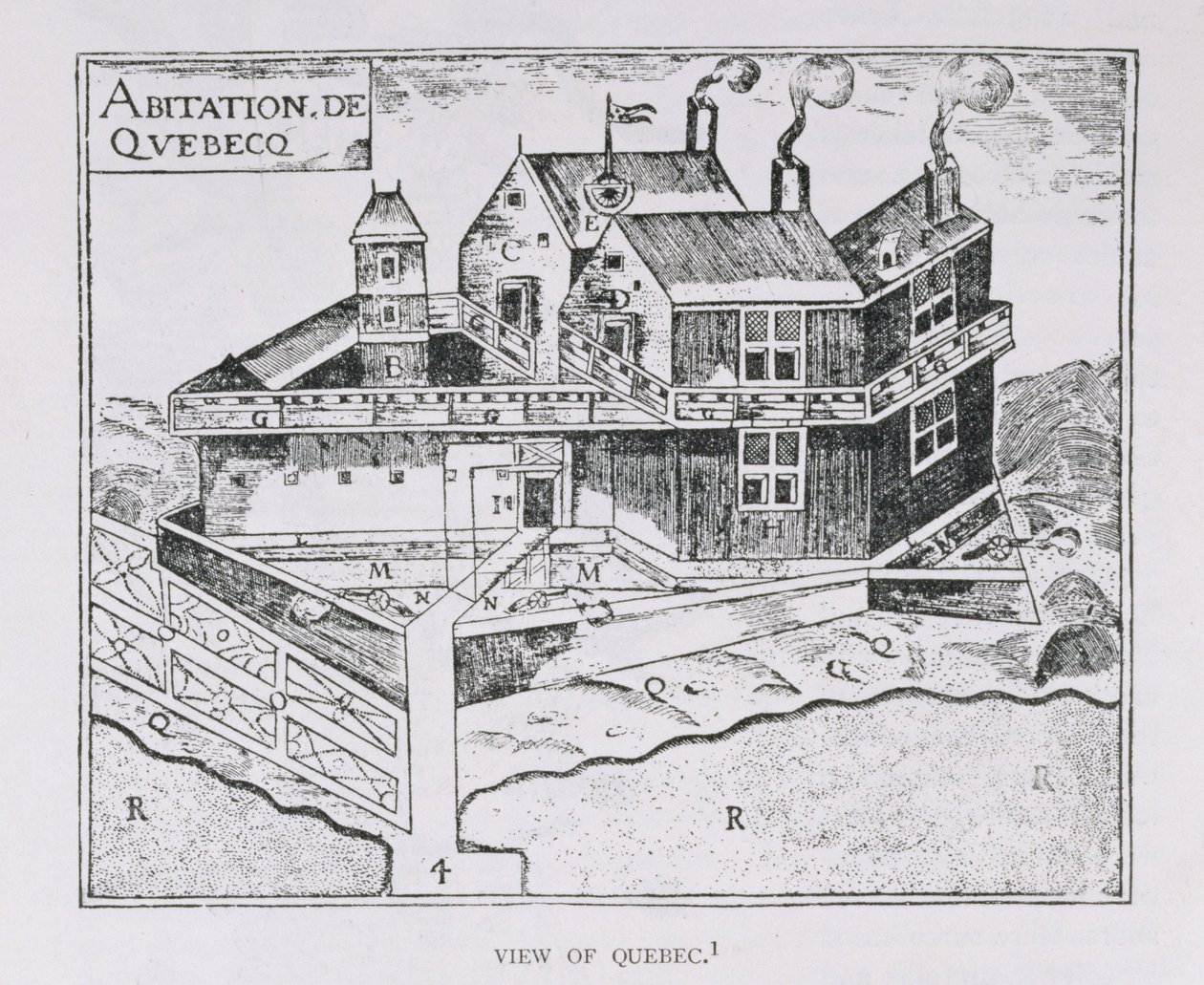Champlainin näkemys Quebecistä, kuvitus kirjan "Narrative and Critical History of America" IV osasta, 1886 tekijältä English School