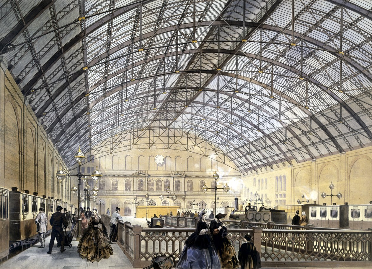 Charing Crossin rautatieasema, Kellin veljesten kaivertama, 1860-luvun lopulla tekijältä English School