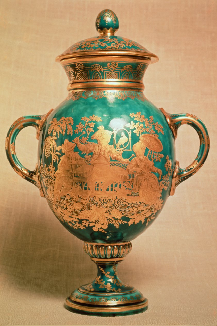 Chelsea-maljakko ja kansi kullatulla chinoiserie-designilla, kulta-ankkurikausi (1758-69) tekijältä English School