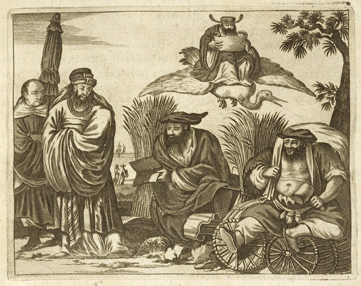 Kiinalaiset kauppiaat, jotka neuvovat ennustajia varmistaakseen turvallisen matkan, kuva Kiinan suurlähetystöjen kuvauksesta, 1690 tekijältä English School