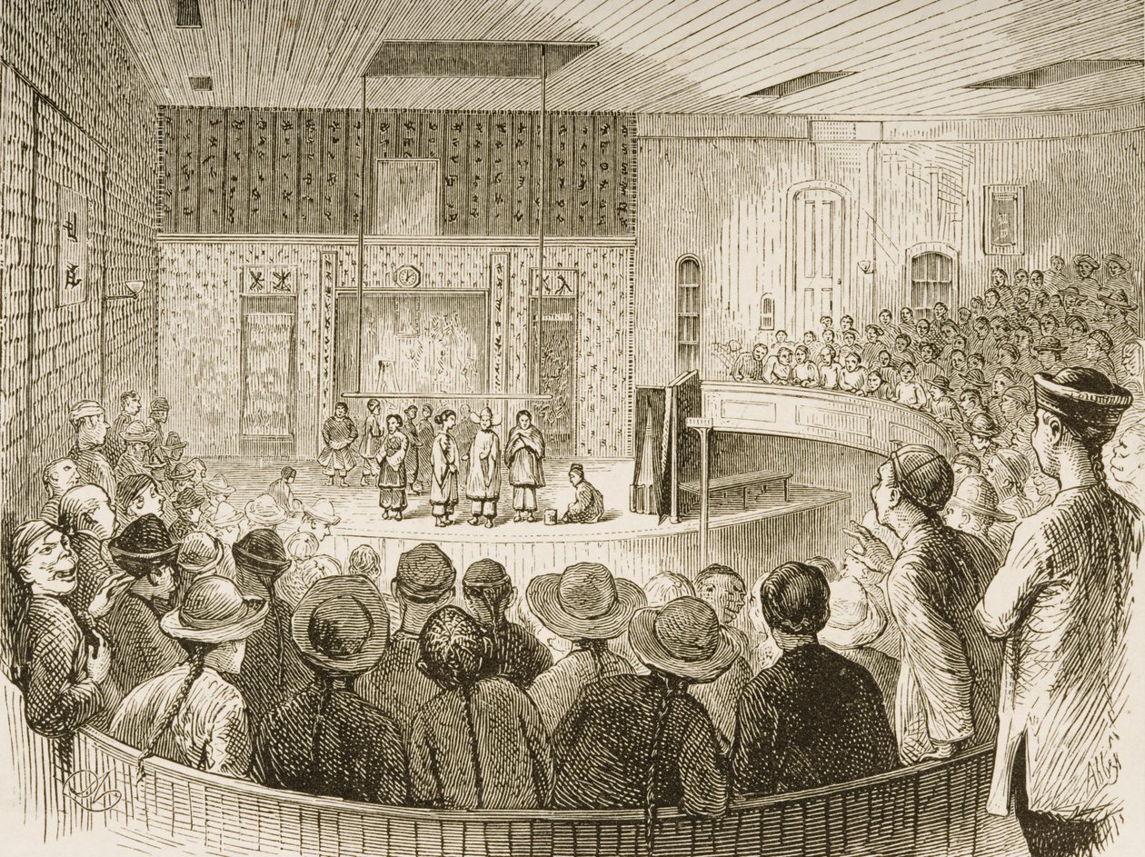 Chinese Theatre, San Francisco, Kalifornia, "American Pictures", julkaisija The Religious Tract Society, 1876 tekijältä English School