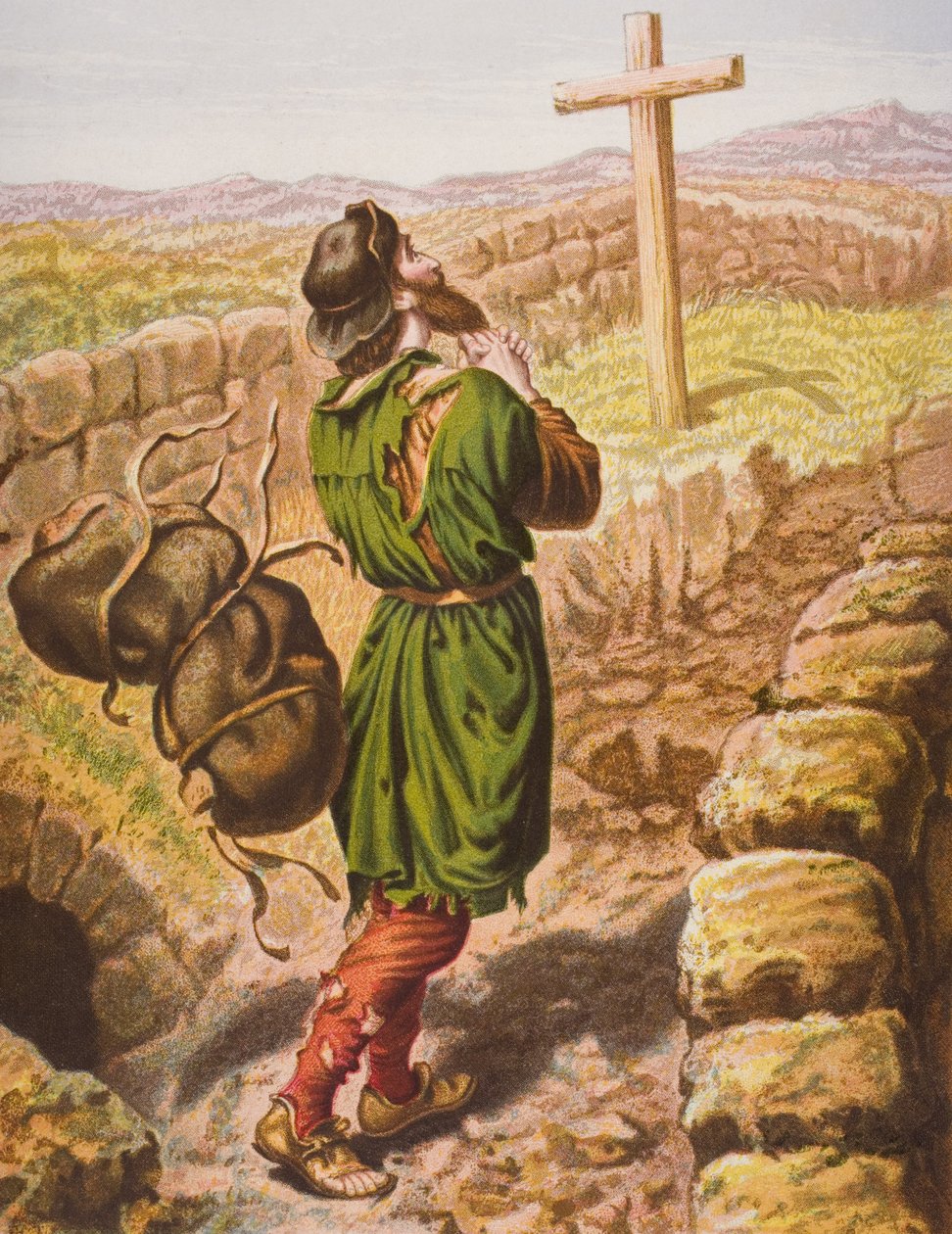 Christian menettää taakkansa ristillä, esimerkki John Bunyanin (1628-88) teoksesta "Pilgrim