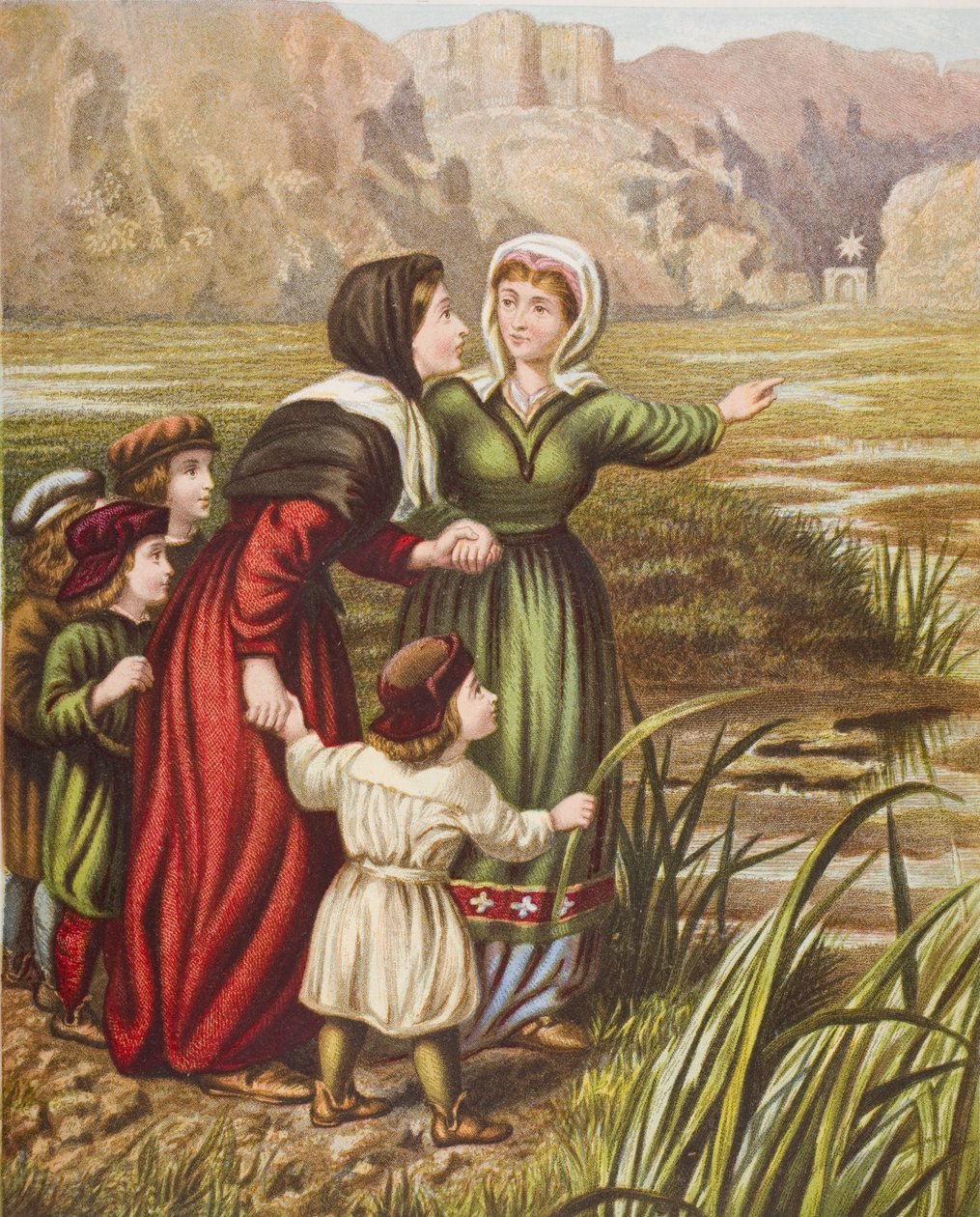 Christiana ja Mercy at the Slough of Despond, kuvitus John Bunyanin (1628-88) teoksesta "Pilgrim