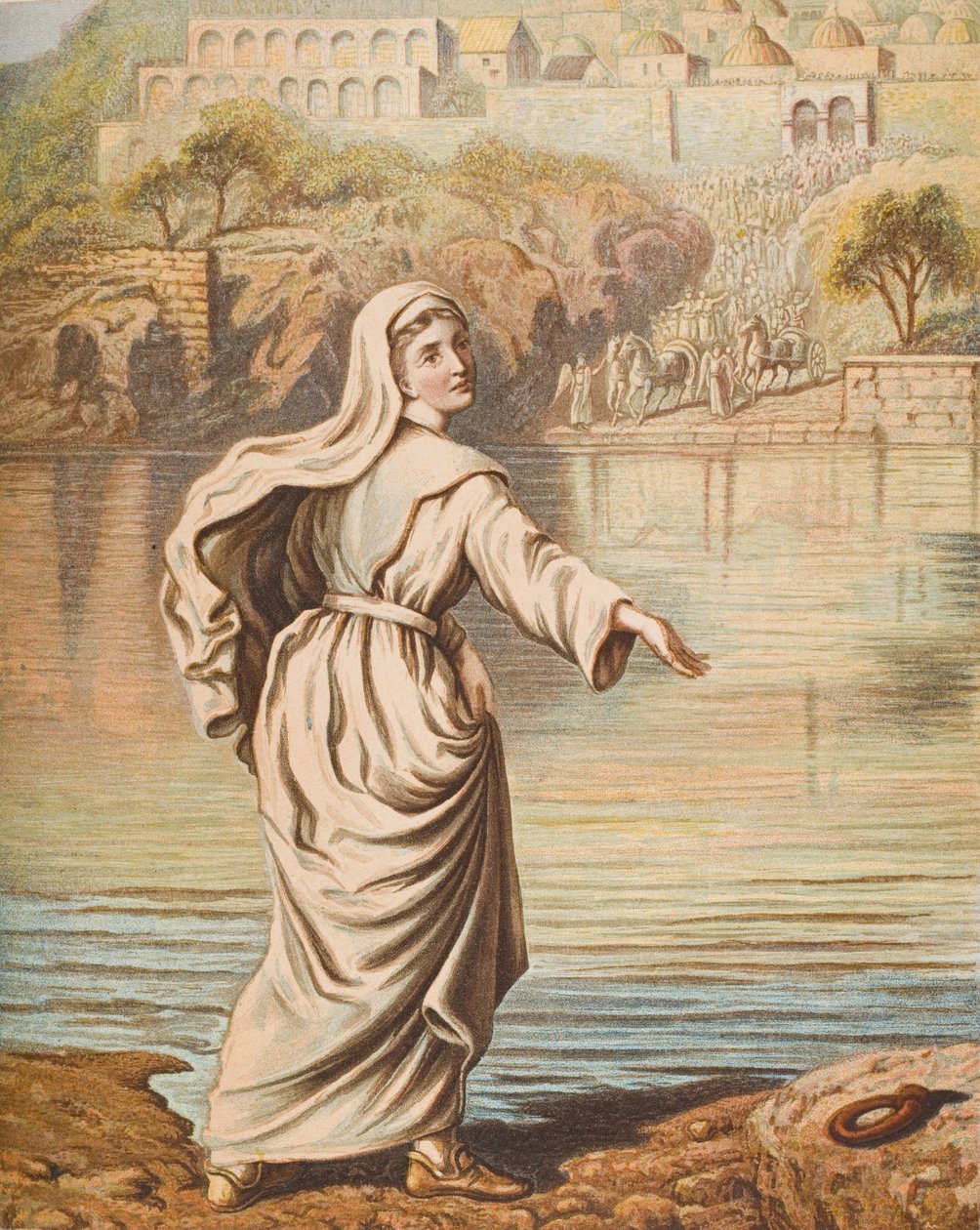 Christiana astumassa jokeen, kuvitus John Bunyanin (1628-88) "Pilgrim