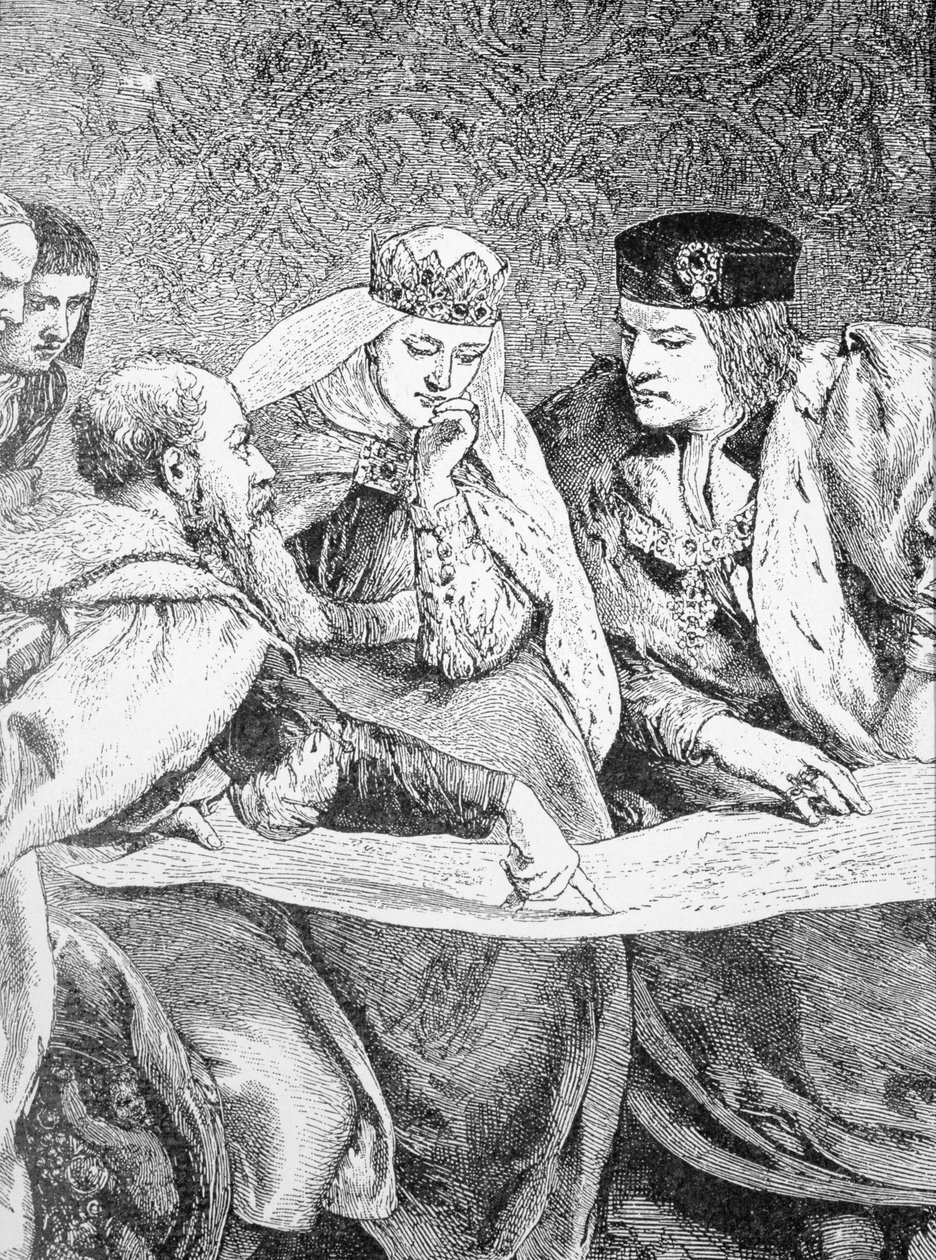 Kristoffer Kolumbus (1451-1506) kuvailee matkaansa Amerikkaan kuningas Ferdinand II:lle (1452-1516) ja kuningatar Isabellalle (1451-1504) tekijältä English School