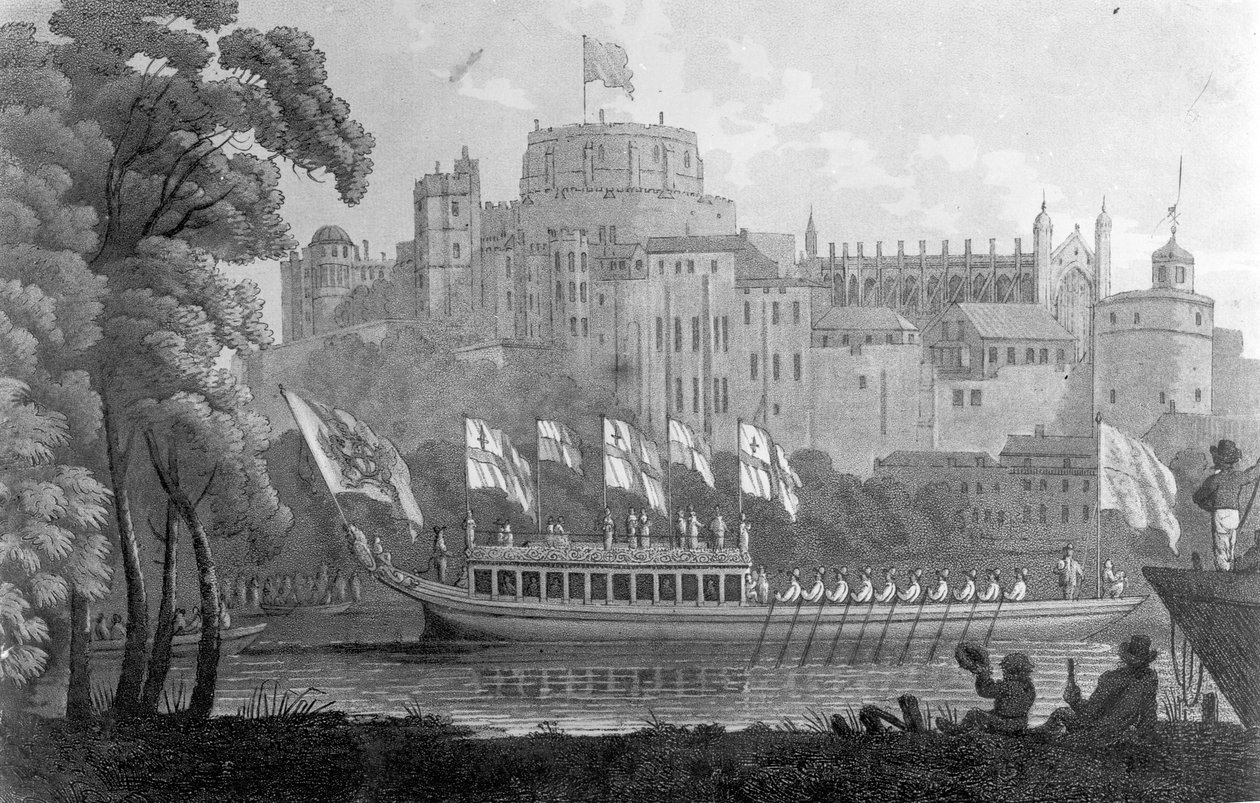 Lontoon City State Proomu liikkuu Thames-jokea pitkin Windsorin linnan edessä matkalla Oxfordiin vuoden 1812 akvarellin jälkeen tekijältä English School