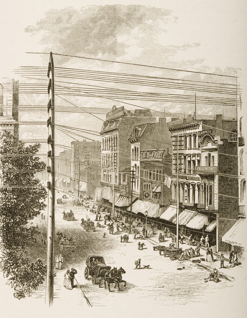 Clark Street, Chicago, noin 1870, Religious Tract Societyn julkaisemasta American Picturesista, 1876 tekijältä English School