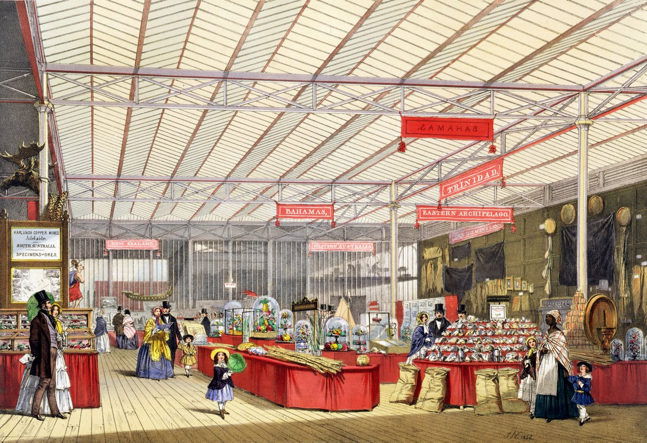 Siirtomaatuotanto vuoden 1851 suuressa näyttelyssä, Dickinsons Comprehensive Picturesilta (värillinen litho) tekijältä English School
