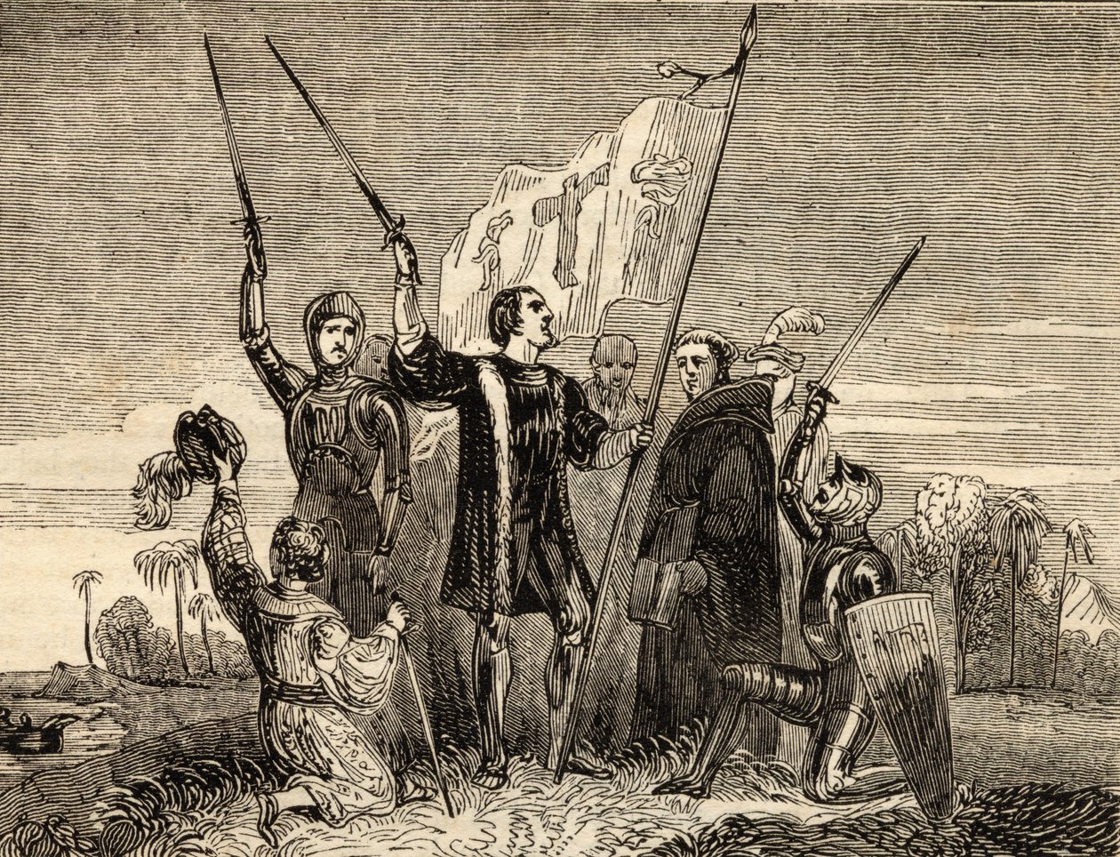 Kolumbuksen (1451-1506) haltuunotto, kuvitus teoksesta Tales of Travellers or A View of the World, julkaistu 1838 tekijältä English School