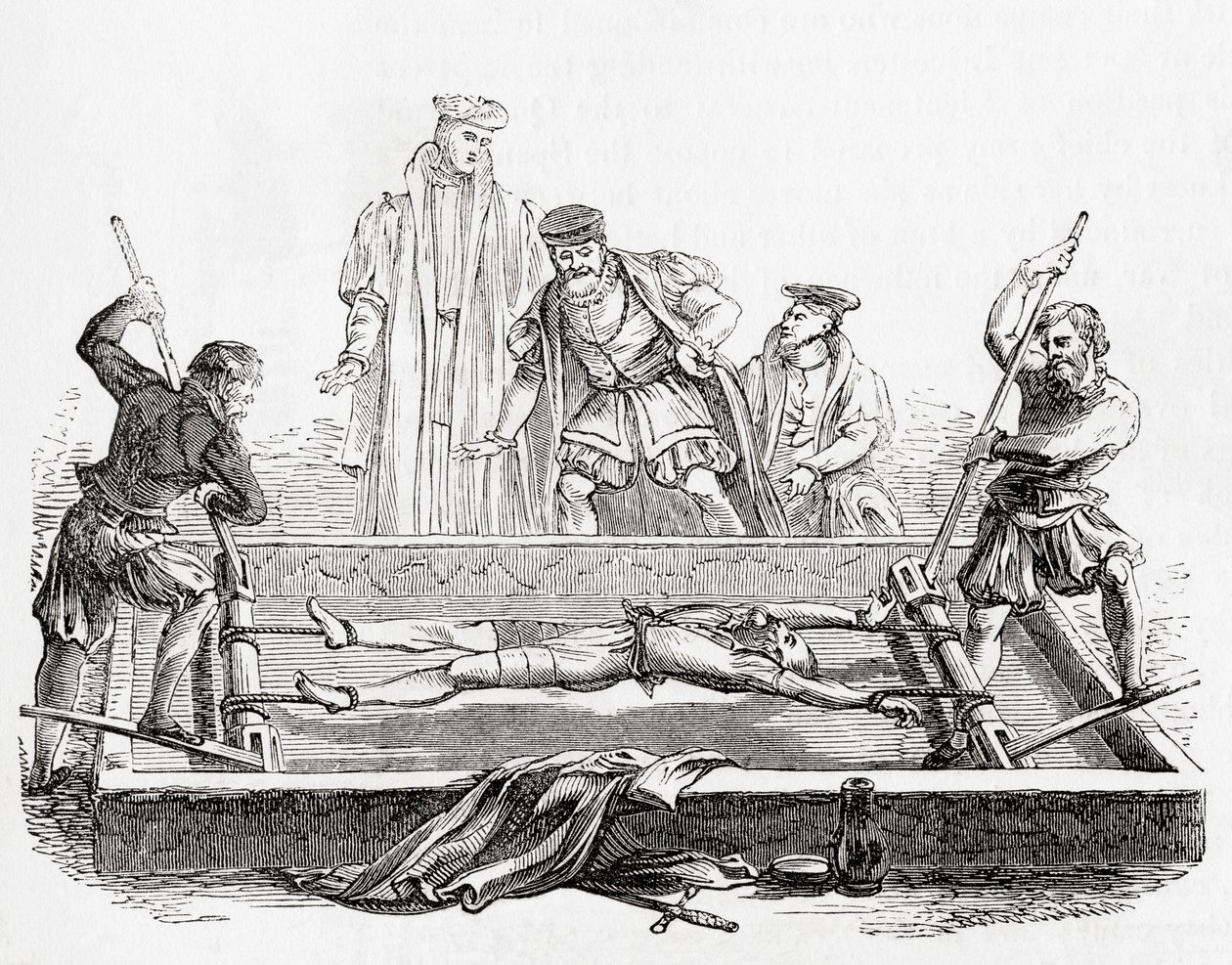 Cuthbert Simpson, myös Symson, Simson tai Symion, kidutettiin telineessä Lontoon Towerissa Marian vainon aikana, 1558, Vanhasta Englannista: Kuvamuseo, pubi. 1847 tekijältä English School