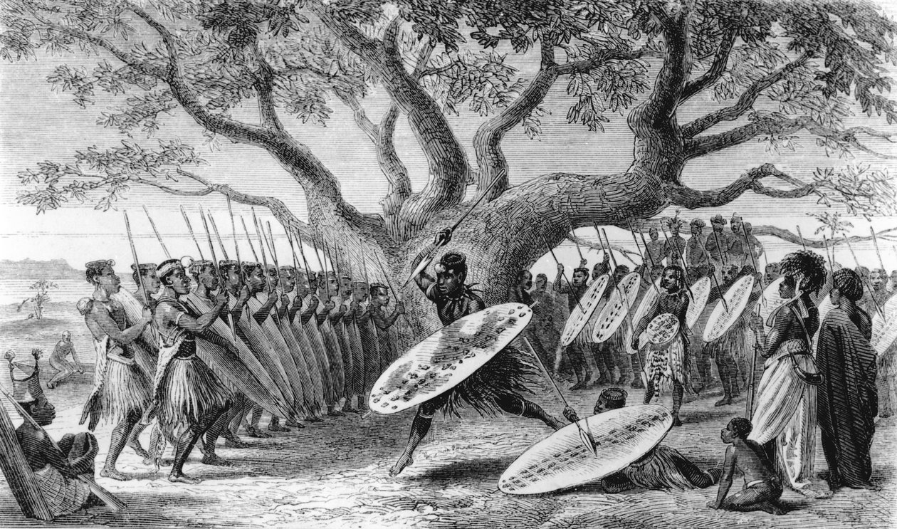 Shupangaan saapuneiden Landeensin eli zulujen tanssi nostamassa portugalilaisten vuotuista tribuuttia, kaiverrettu Josiah Wood Whymper (1813-1903) tekijältä English School
