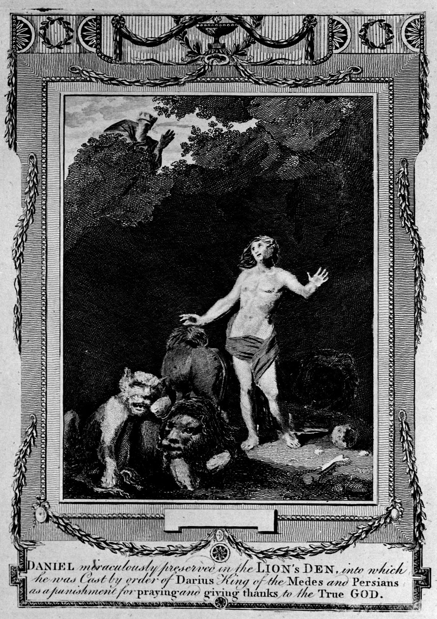 Daniel säilyi leijonan luolassa, Paul Wrightin teoksesta "The New and Complete Book of Martyrs" (Uusi ja täydellinen marttyyrikirja). tekijältä English School