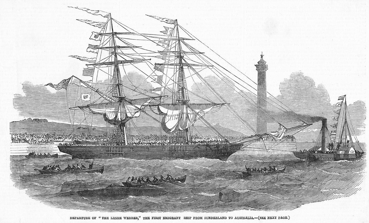 "The Lizzie Webber", ensimmäinen siirtolaislaiva Sunderlandista Australiaan, lähtö "The Illustrated London News" -lehdestä, 7. elokuuta 1852 tekijältä English School