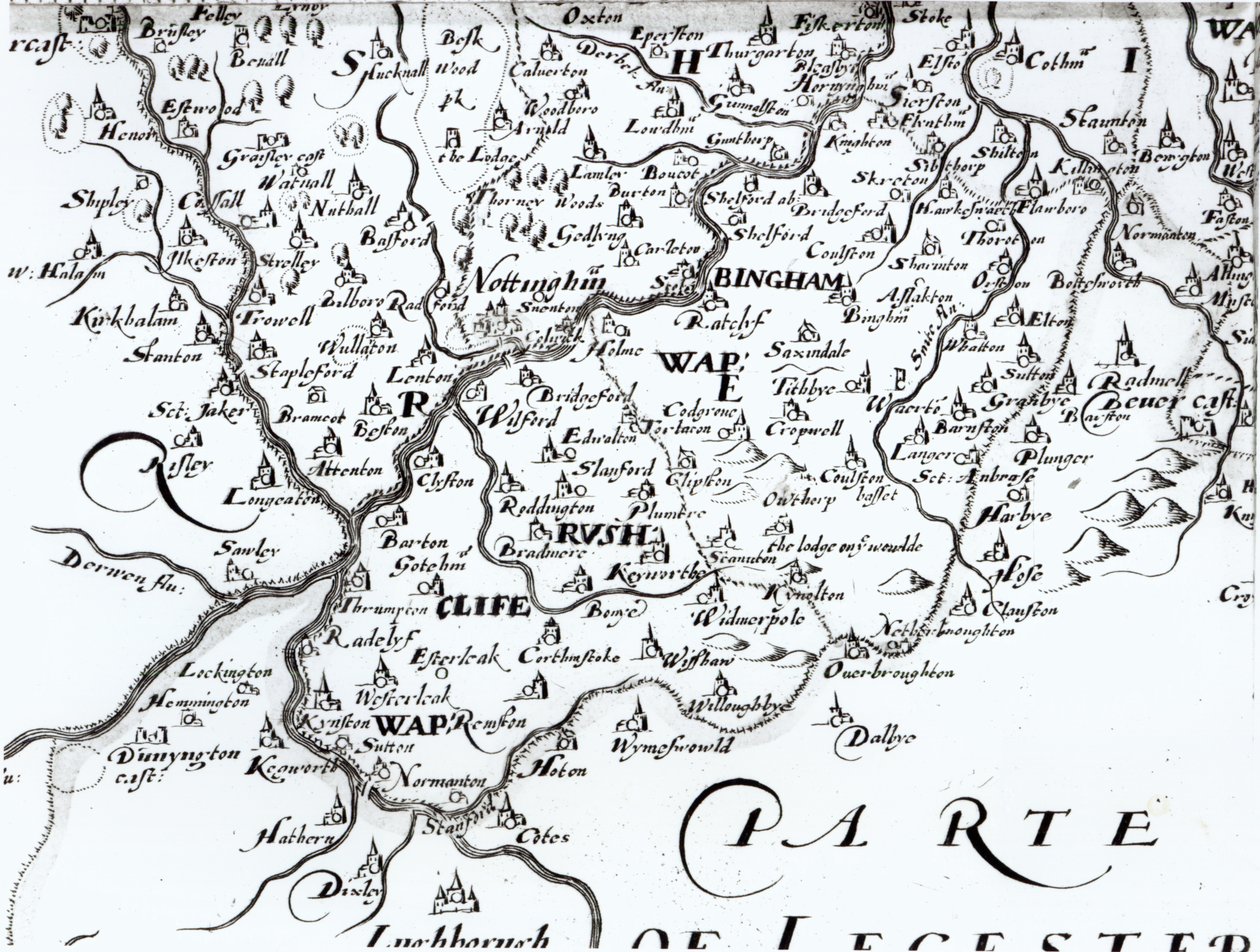 Yksityiskohta Nottinghamshiren kreivikunnan kartasta, jossa näkyy Nottinghamin kaupunki, 1642 tekijältä English School