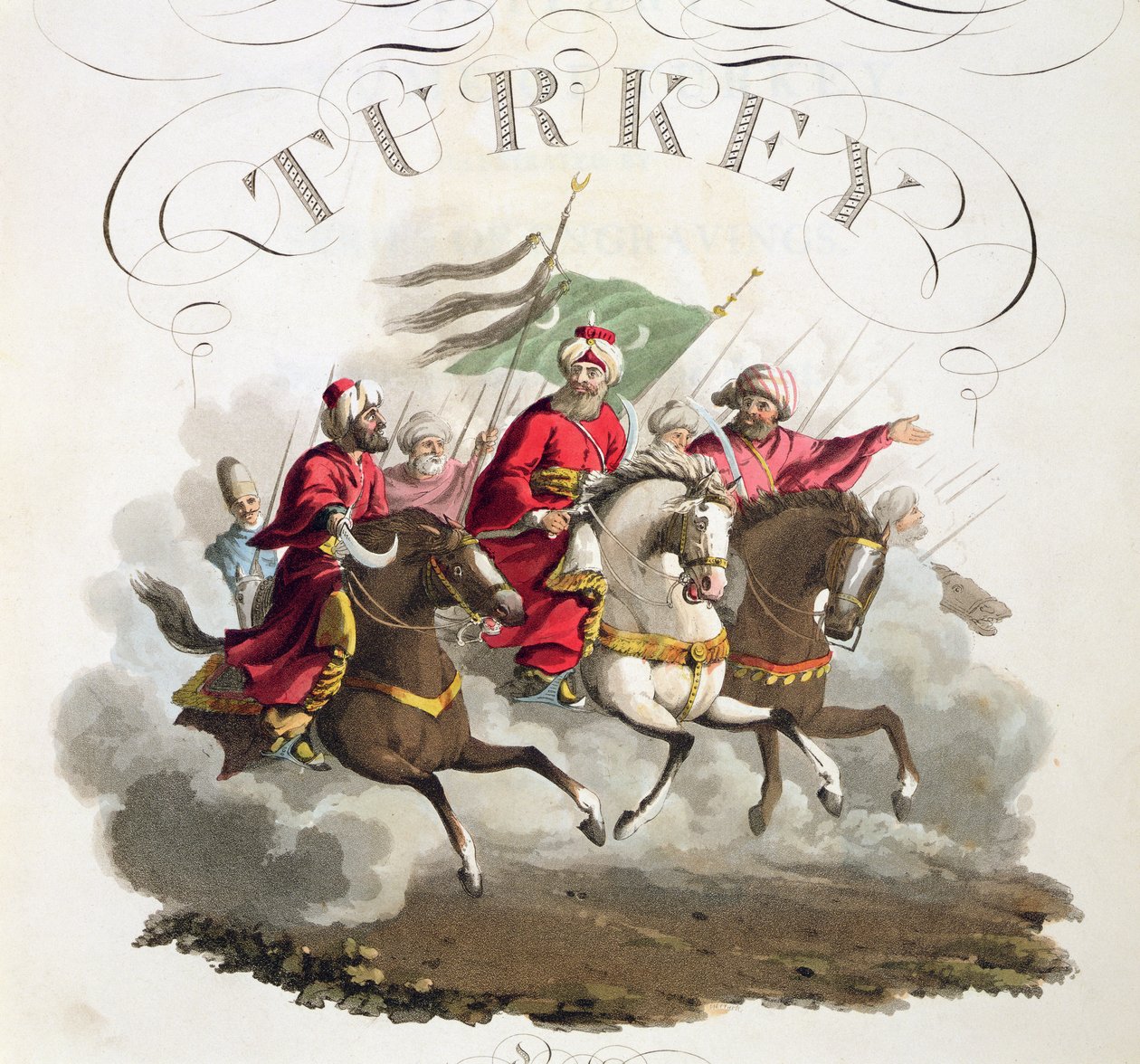 Nimilehden yksityiskohta, julkaisusta Costumes of the Various Nations, osa VII, The Military Costume of Turkey, kirjoittanut Thomas MacLean, julkaistu n. 1800-1818 (käsinvärinen akvatinta) tekijältä English School