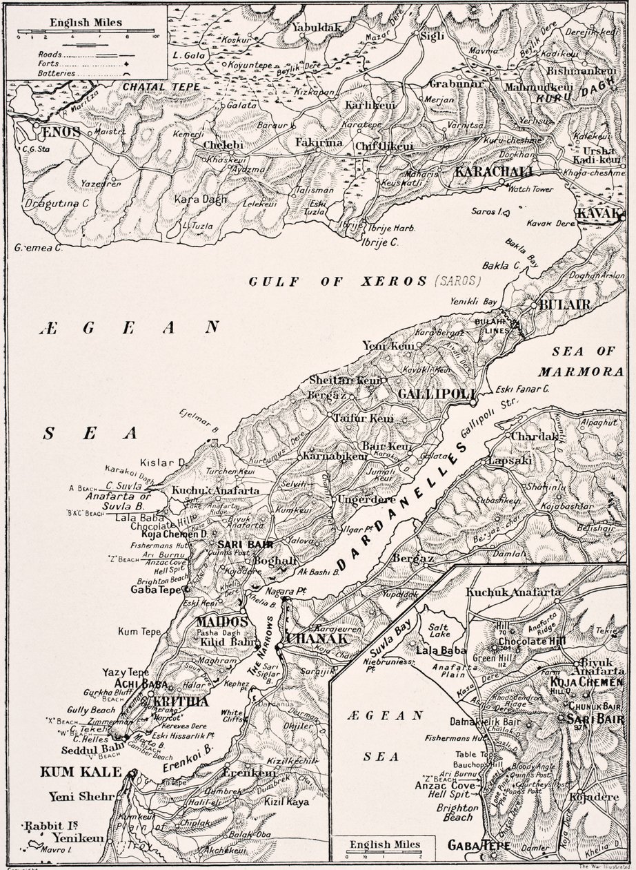 Yksityiskohtainen kartta Gallipolin niemimaan ja Dardanellien Turkista, 1915, Lontoossa 1916 julkaistusta The War Illustrated Album deLuxesta tekijältä English School