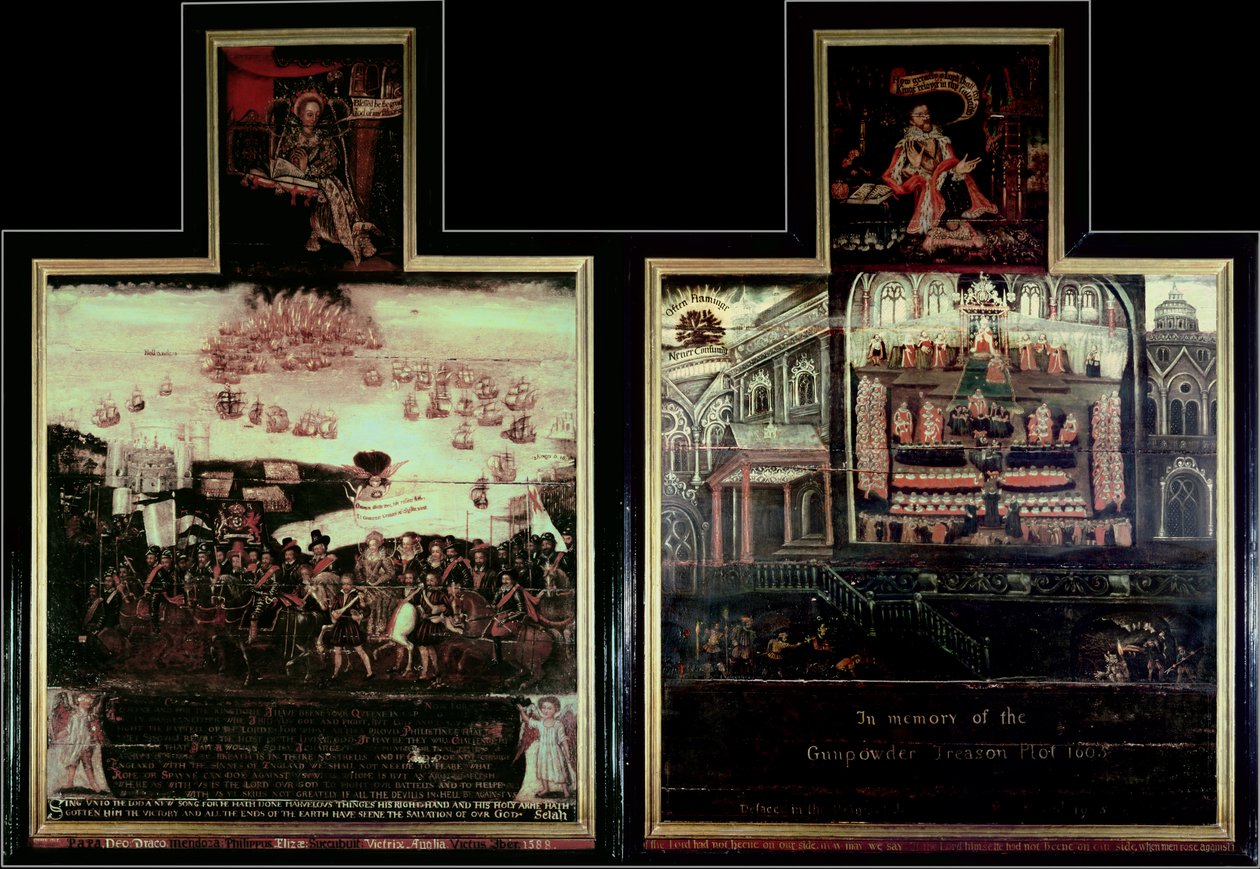 Diptyykki, joka kuvaa kuningatar Elisabet I:n (1530-1603) saapumista Tilburyyn, Espanjan armadan tappiota ja ruutisalaliittoa. tekijältä English School