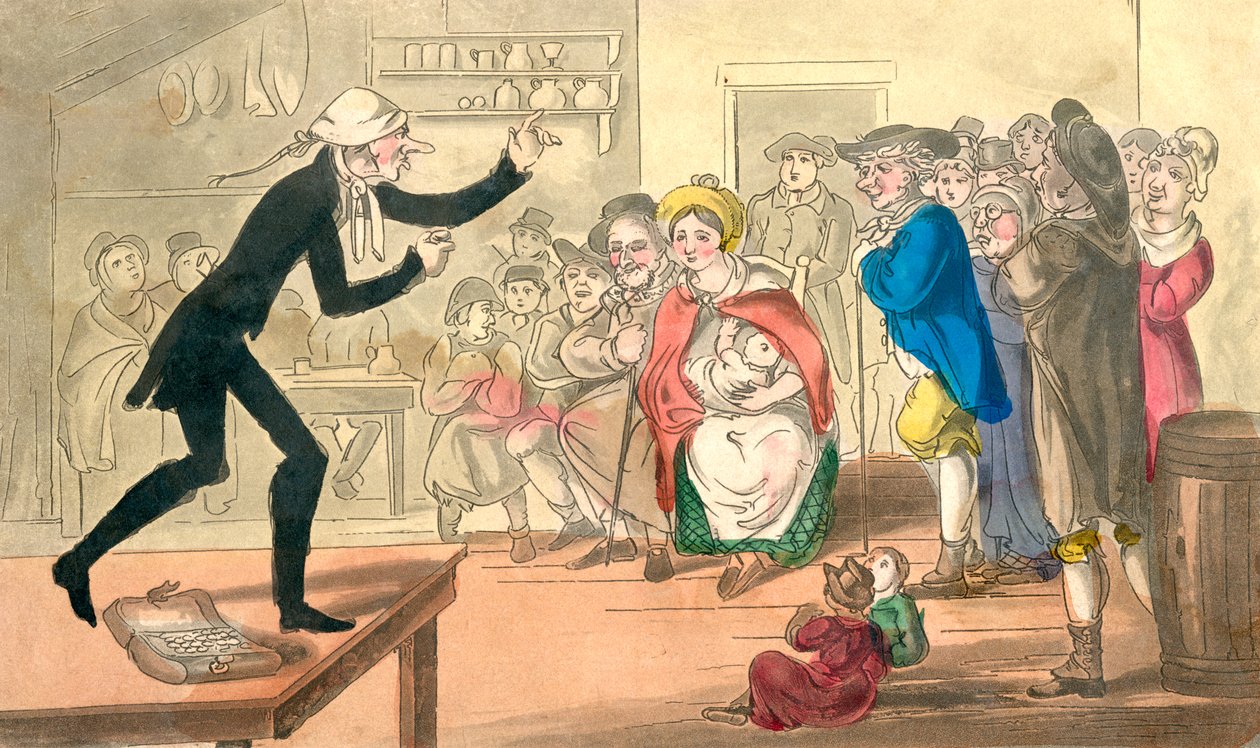 Dr. Comicus Selling his Pills, julkaisusta Tohtori Comicuksen seikkailut tai The Frolicks of Fortune, julkaistu n. 1815 (käsinvärinen akvatinta) tekijältä English School