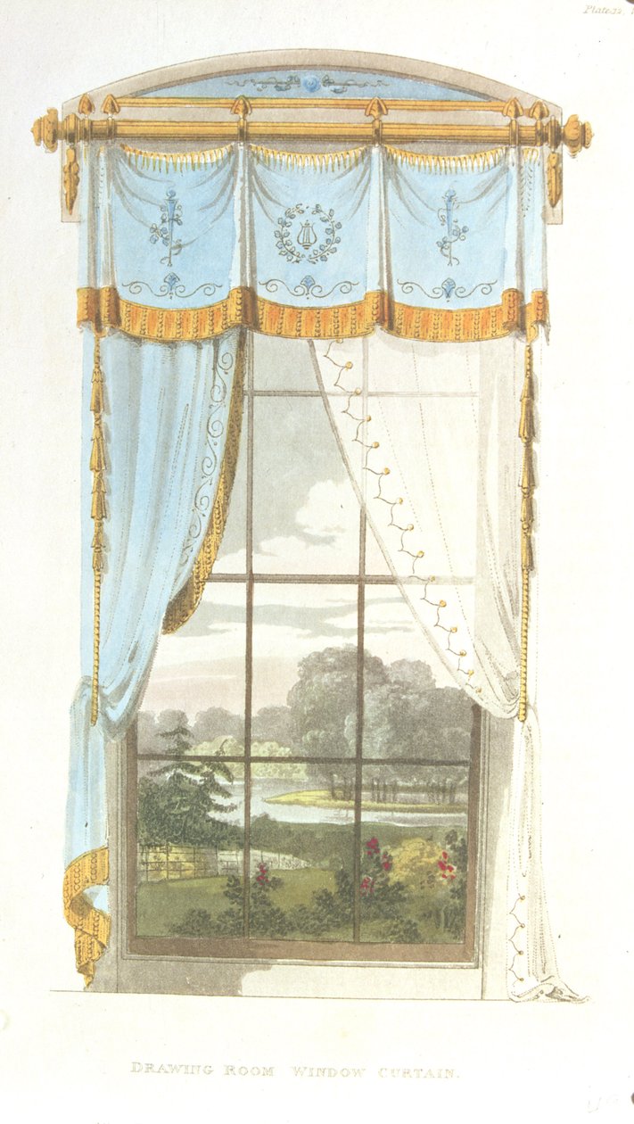 Olohuoneen ikkunaverho, levy 72 Ackermanns Repository of Artsista, julkaistu 1815 tekijältä English School