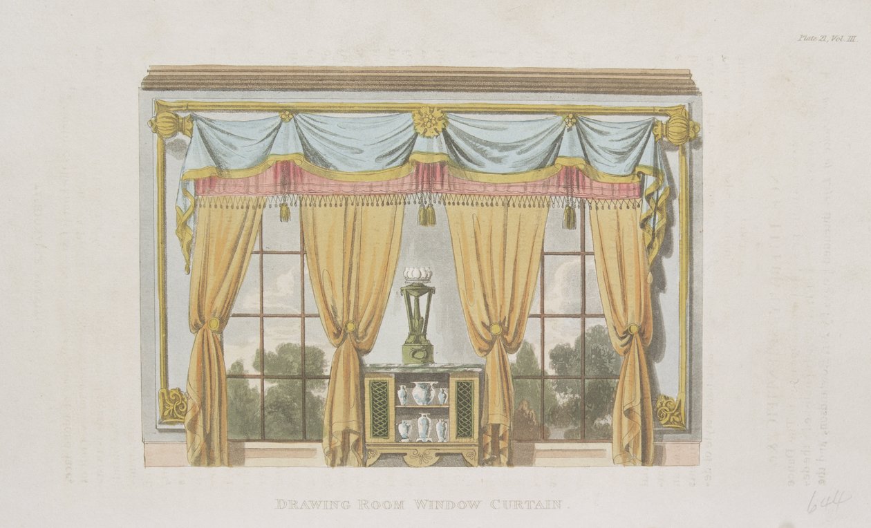Olohuoneen ikkunaverho, levy 93 Ackermanns Repository of Artsista, julkaistu 1817 tekijältä English School