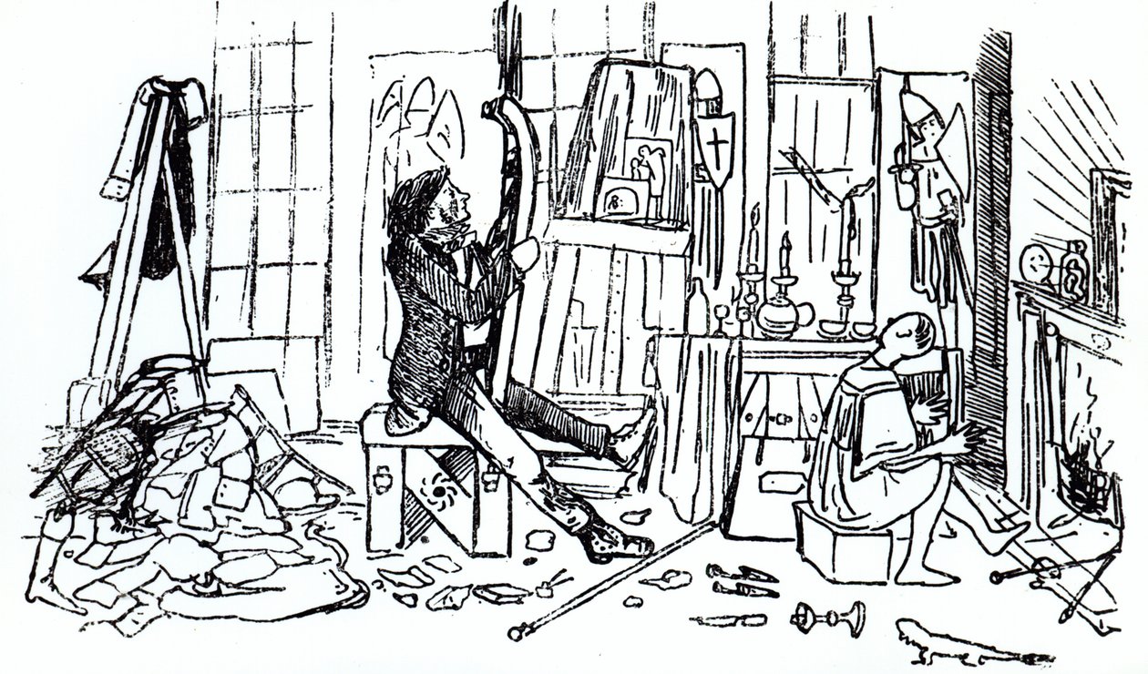 Edward Burne-Jones töissä studiossaan osoitteessa 17 Red Lion Square, Lontoo, n. 1857 (kynä ja muste) (bw print) tekijältä English School