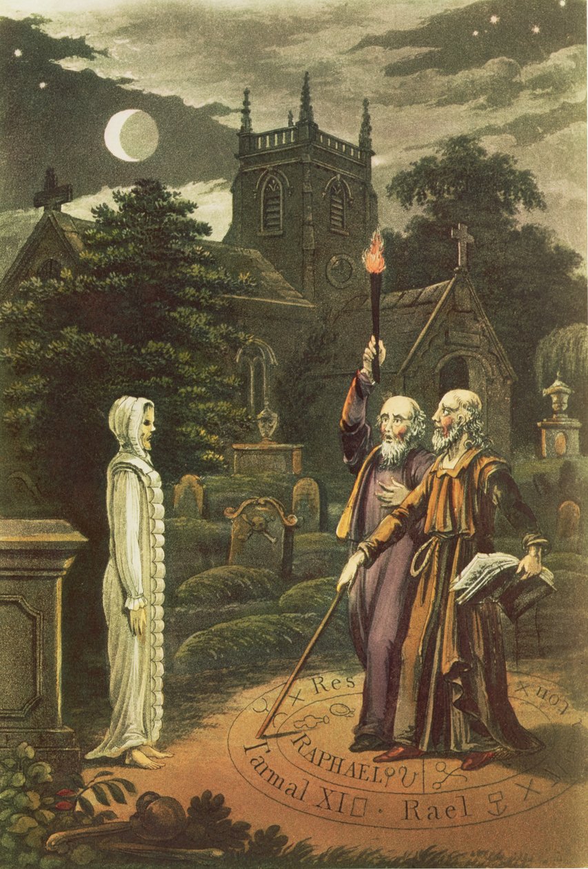 Edward Kelly (s.1555) taikuri ja hänen kumppaninsa matemaatikko ja astrologi John Dee (1527-1608) kasvattamassa haamua (käsinvärinen kaiverrus) tekijältä English School