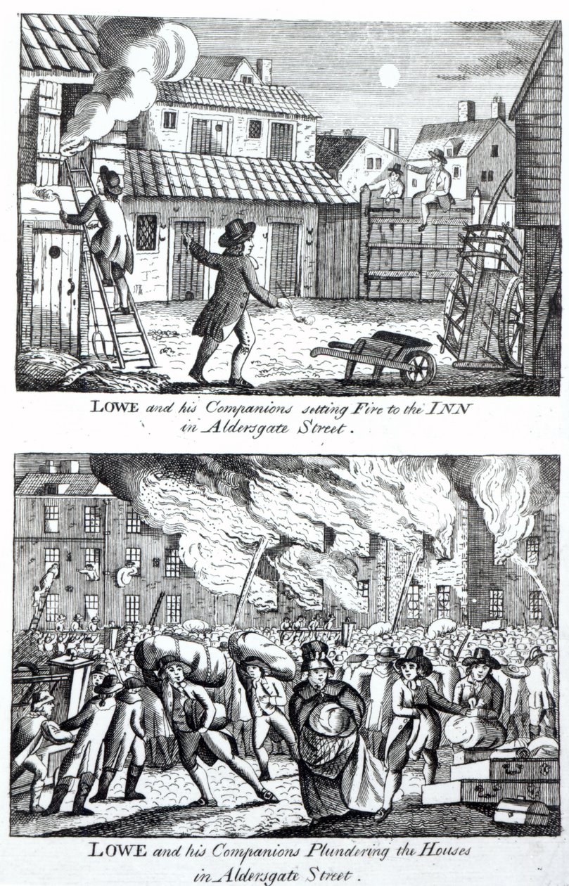 Edward Lowe ja hänen toverinsa sytyttävät majatalon Aldersgate Streetillä ja ryöstivät talot, 16. toukokuuta 1790 tekijältä English School