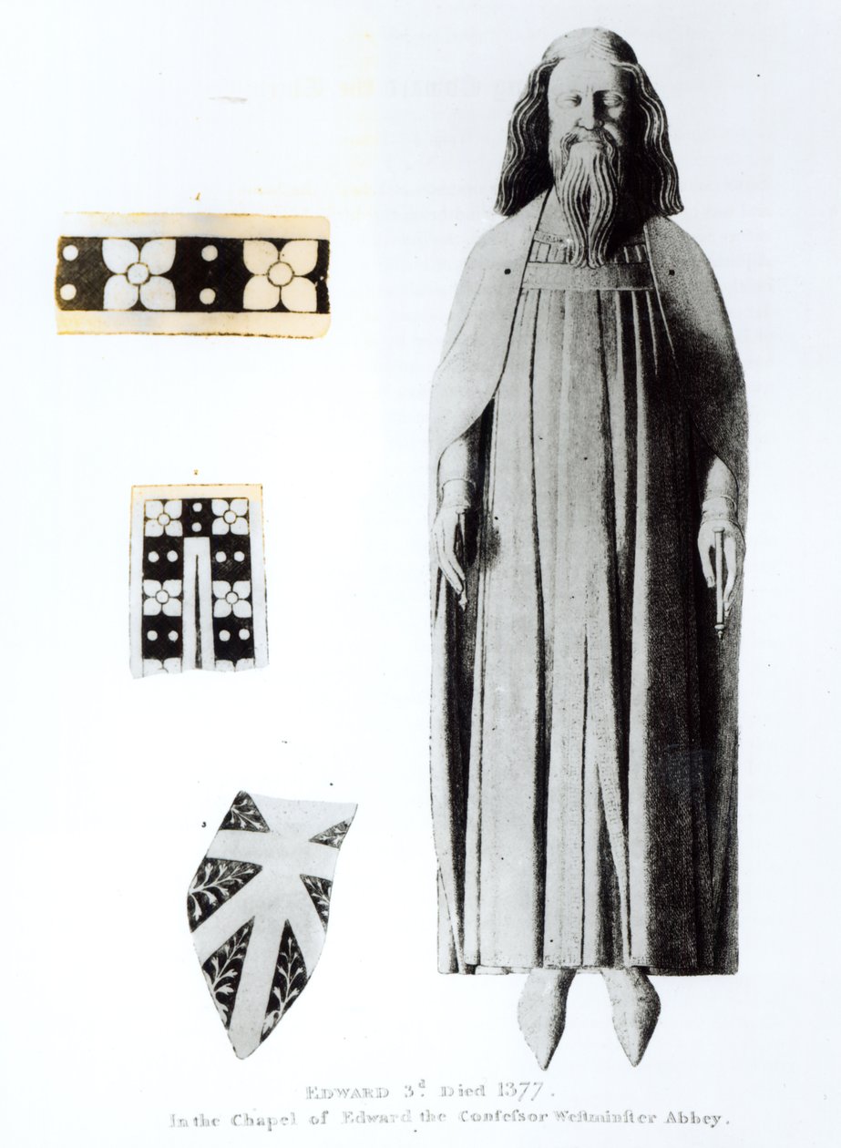 Edward III:n (1312-77) kuva Edward Riittoijan kappelissa, Westminster Abbey, julkaistiin vuonna 1811 tekijältä English School