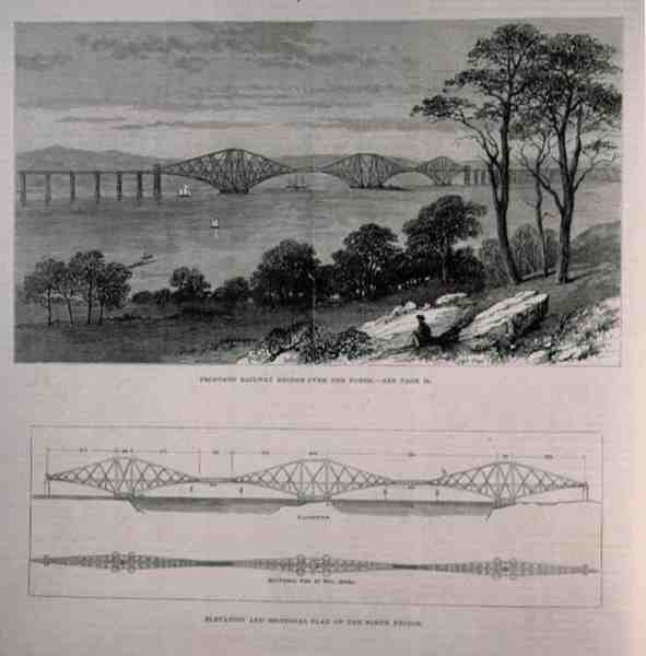 Edinburghin Forth Bridgen korkeus- ja poikkileikkaussuunnitelma, The Illustrated London News, 28. tammikuuta 1882 tekijältä English School