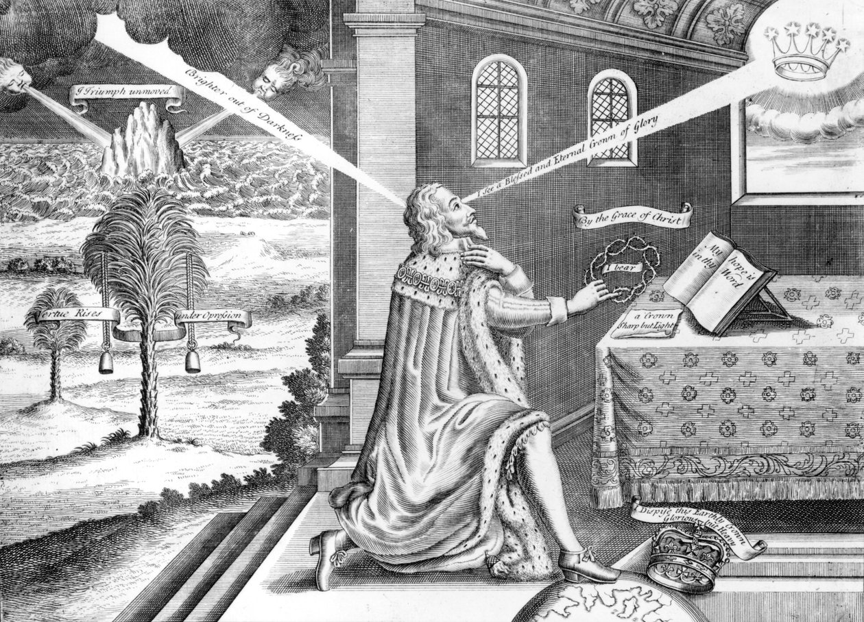 Kuninkaallisen marttyyri kuningas Kaarle I:n (1600-49) tunnus hänen kärsimyksissään, 1649 tekijältä English School